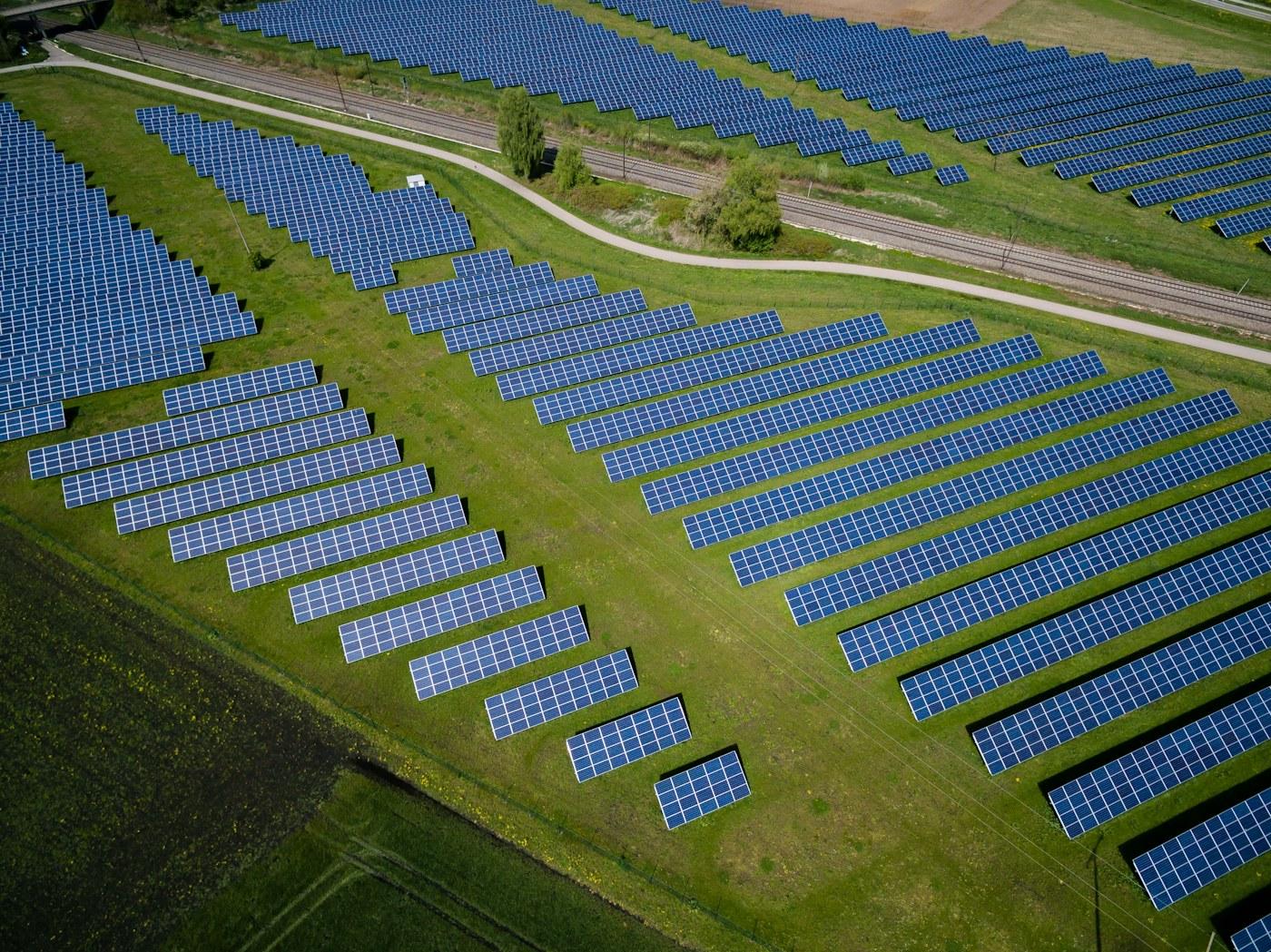 Aerial view of rows of solar panels